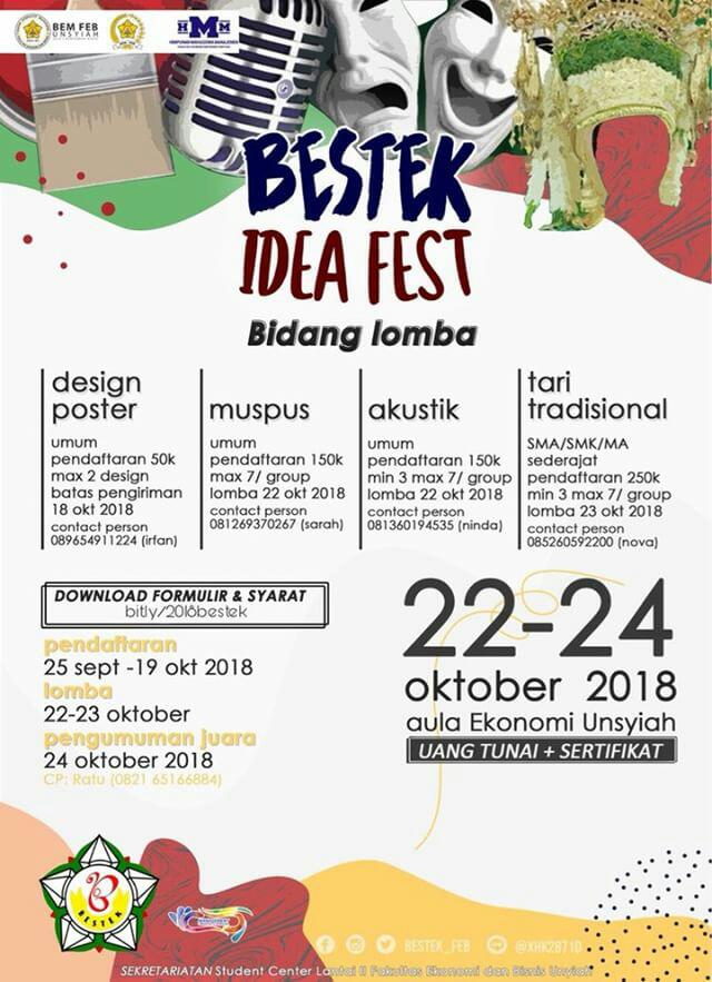 bestek_feb's tweet photo. BESTEK Idea Fest hadir dengan rangkaian lomba :
- Akustik
- Tari Tradisional
- Musikalisasi Puisi
- Poster

Ingin mendaftar? Download formulir &amp; syarat lomba di " https://t.co/1X4KbvVYoa"
atau informasi lebih banyak? Hubungi (Ratu: 082165166884/ Meisya: 085207033973) https://t.co/EeYsVv0Rro