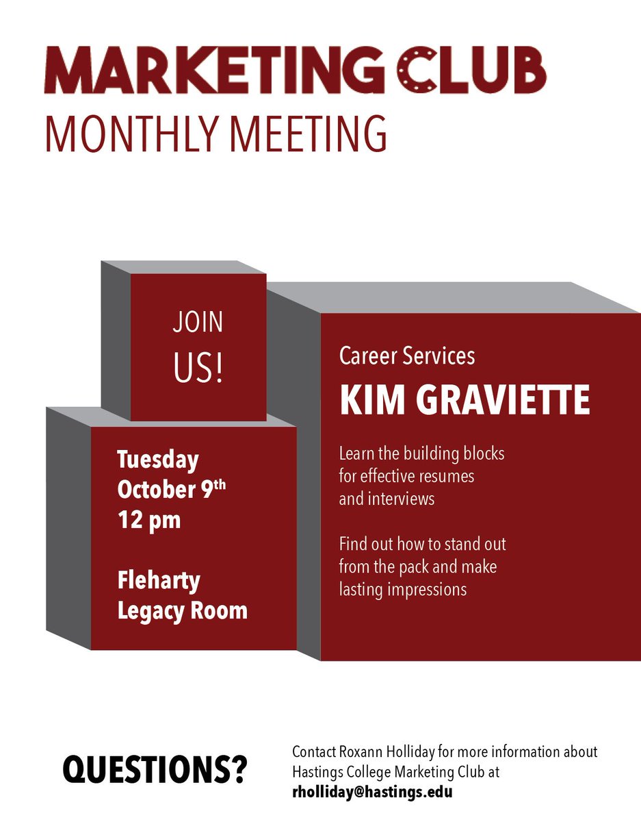 HCMarketingClub's tweet photo. Don’t miss our meeting tomorrow at noon in the Legacy Room! We’ll have Kim Graviette from @HCCareer talk all about resumes and interviews! https://t.co/mtZRgrk8xq