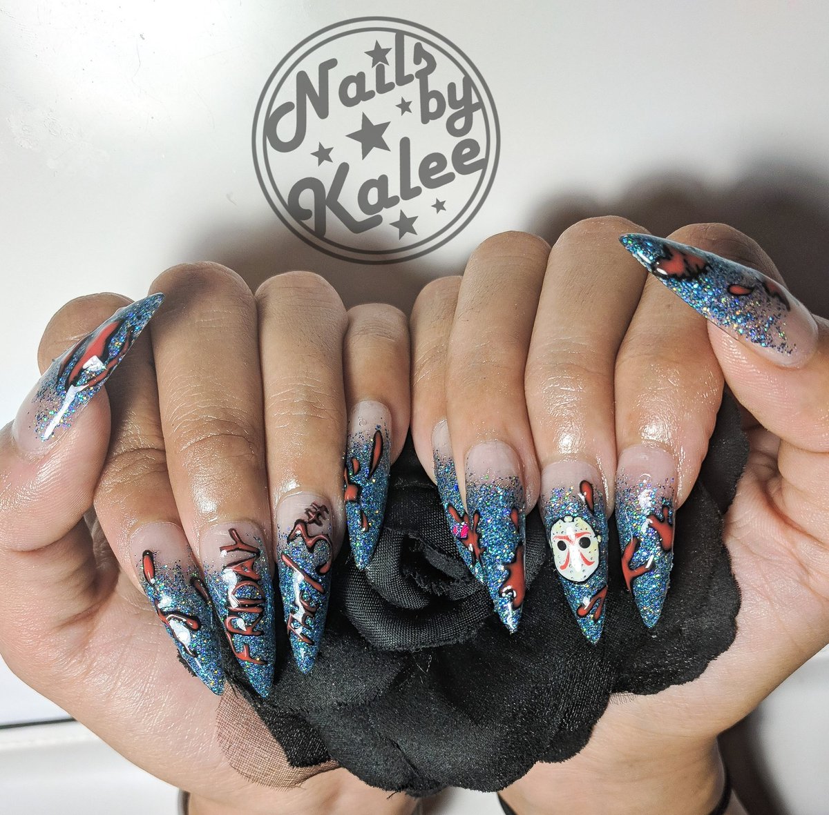 NailsByKalee's tweet photo. Some, inspired by sweetbcreations, #FridayThe13th nails for Christa! I love #halloweennails season! Thank you so much! More to come! #Halloweenready #stilettonails #customglitter #handpaintednails #nailsbykalee #avnails #palmdalenails #661nails #nailart #nails #nailartist #notd https://t.co/mrVGuHjfMQ