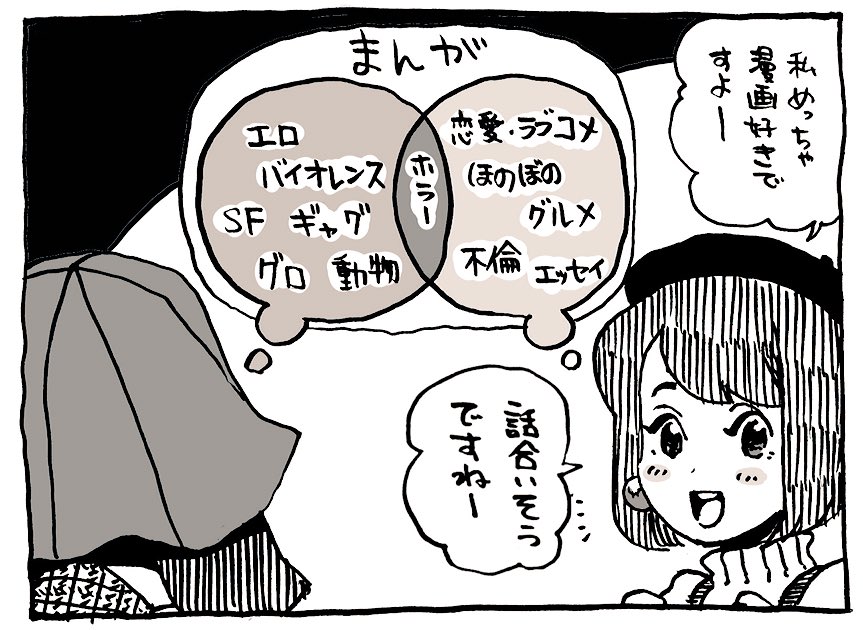 漫画という大きい括りでコミュニケーション計る人と仲良くなれた試しがない。音楽に置き換えたらわかりやすいけど、音楽好きって言ってもジャンル色々あるもんね。漫画はあくまで媒体で好きなジャンルは人それぞれです 