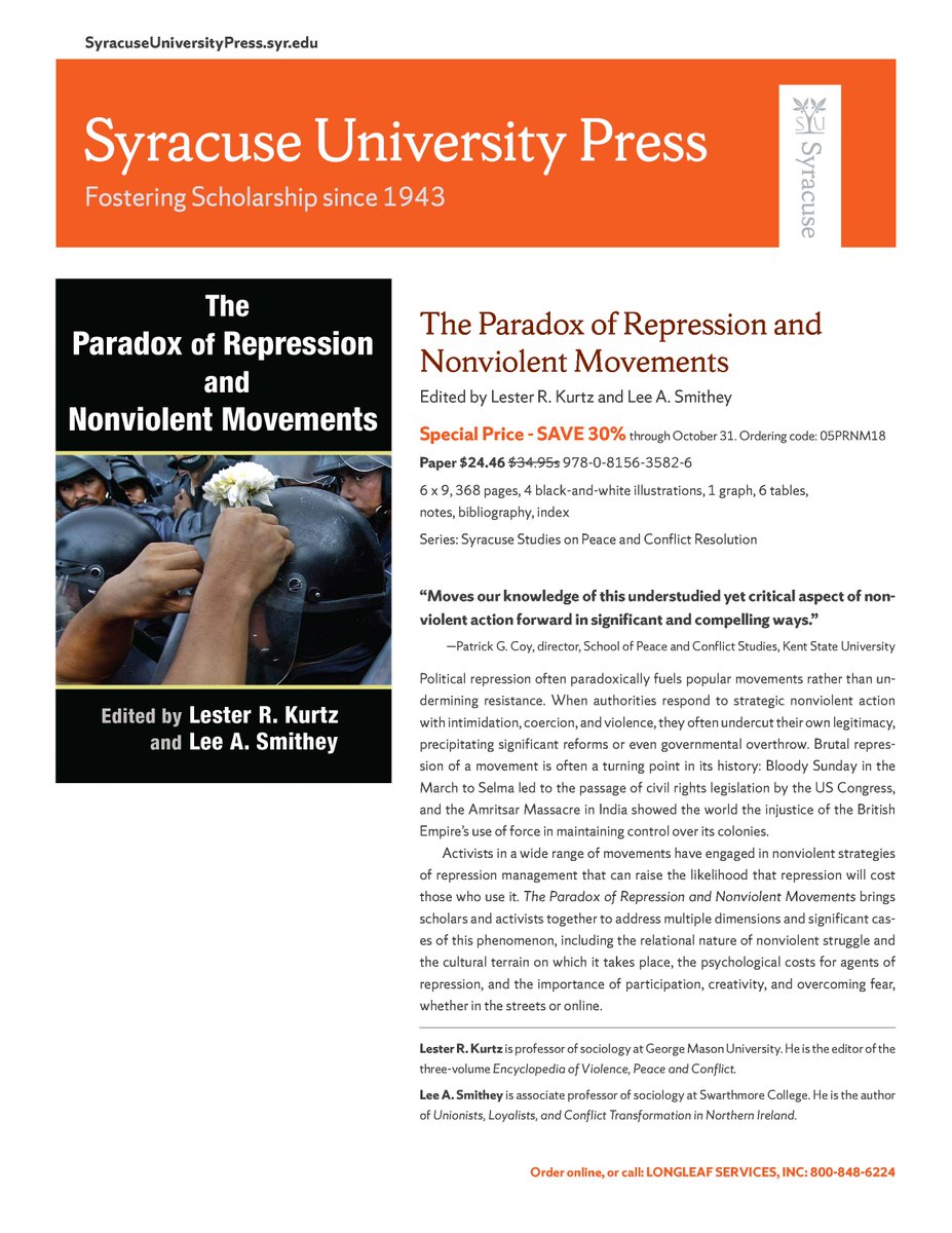 peacesociology's tweet photo. Did you attend #PJSA2018? Interested in social movements, repression, and resistance? Check out the new book _The Paradox of Repression and Nonviolent Movements_ (@SUPress) and use this flyer. #pdoxrep @lesterkurtz https://t.co/HBbqYtxrgn