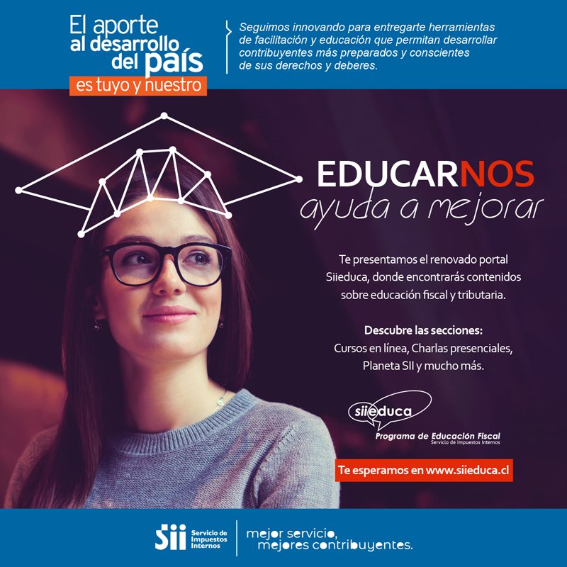 SII_Chile's tweet photo. Educarnos ayuda a mejorar. Conoce nuestro renovado portal Siieduca donde encontrarás contenidos sobre educación fiscal y tributaria 👉https://t.co/YrzkzNlTmP https://t.co/SvkJFZuGxb