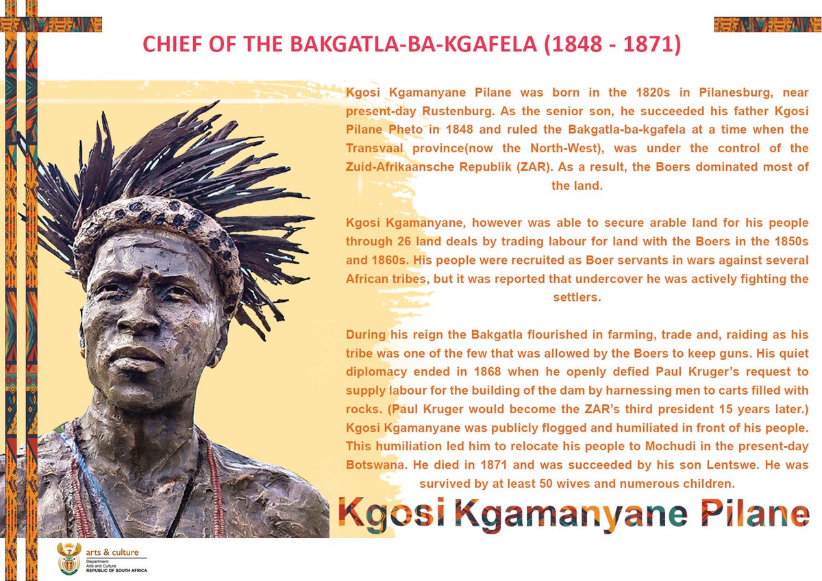 NathiMthethwaSA's tweet photo. We pay tribute to Kgosi Kgamanyane Pilane the Batswana leader of the Bakgatla-ba-kgafela who stood up against Paul Kruger and refused for his people to be harnessed to carts filled with rocks in order to supply slave labour. https://t.co/WZQWByrP5F
