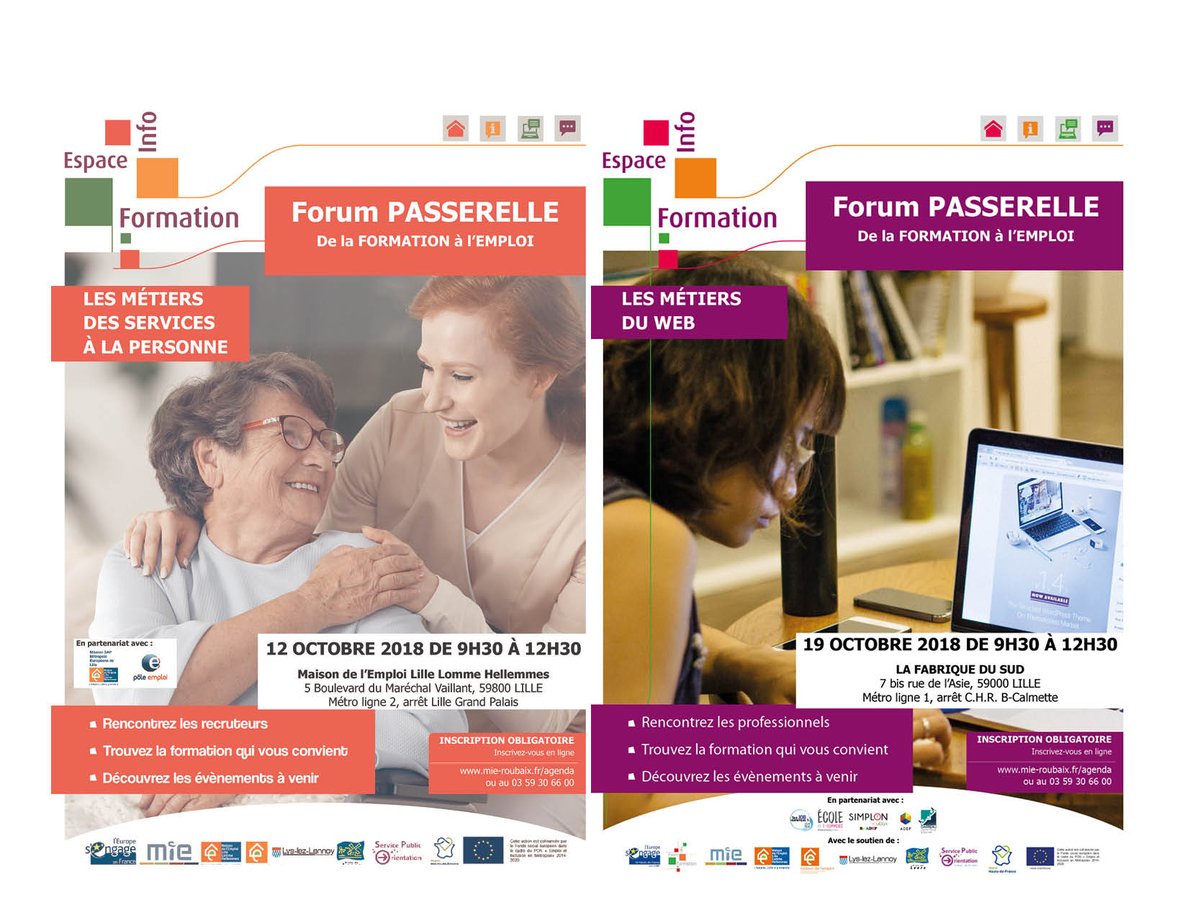 L'EIF lance ses #forums Passerelle : découvrez les métiers des Services à la Personne/du web et rencontrez des recruteurs, des organismes de formation !

➡️ Vendredi 12 Octobre : les Services à la Personne
➡️ Vendredi 19 Octobre : le web

Inscrivez-vous: mie-roubaix.fr/agenda