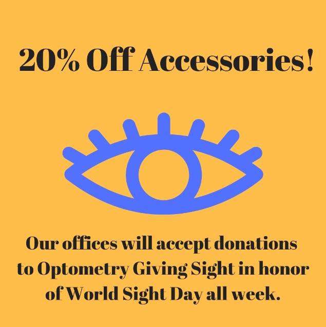 IsthmusEyeCare's tweet photo. Today only! Accessory Sale at both office locations! Tomorrow please donate your old eye wear! #LifeInFocus #OptometryGivingSight #WorldSightDay https://t.co/Z46VmcBcsO