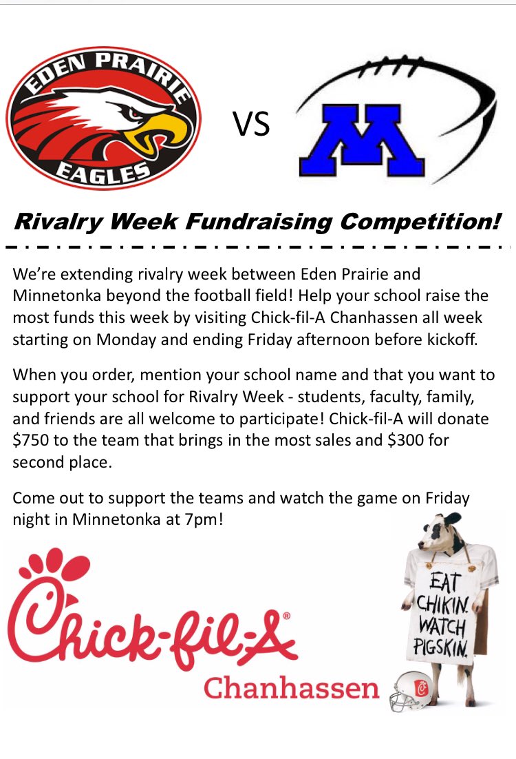 EPFAfootball's tweet photo. Take a break this week from packing a lunch or making supper and support your Eden Prairie Eagles @ChickfilA during rivalry week.  Mention Eden Prairie when you order-LETS GO @EPS272 @ephsboosters @EP_FanSection @epnewssports https://t.co/1UDoRnhduv