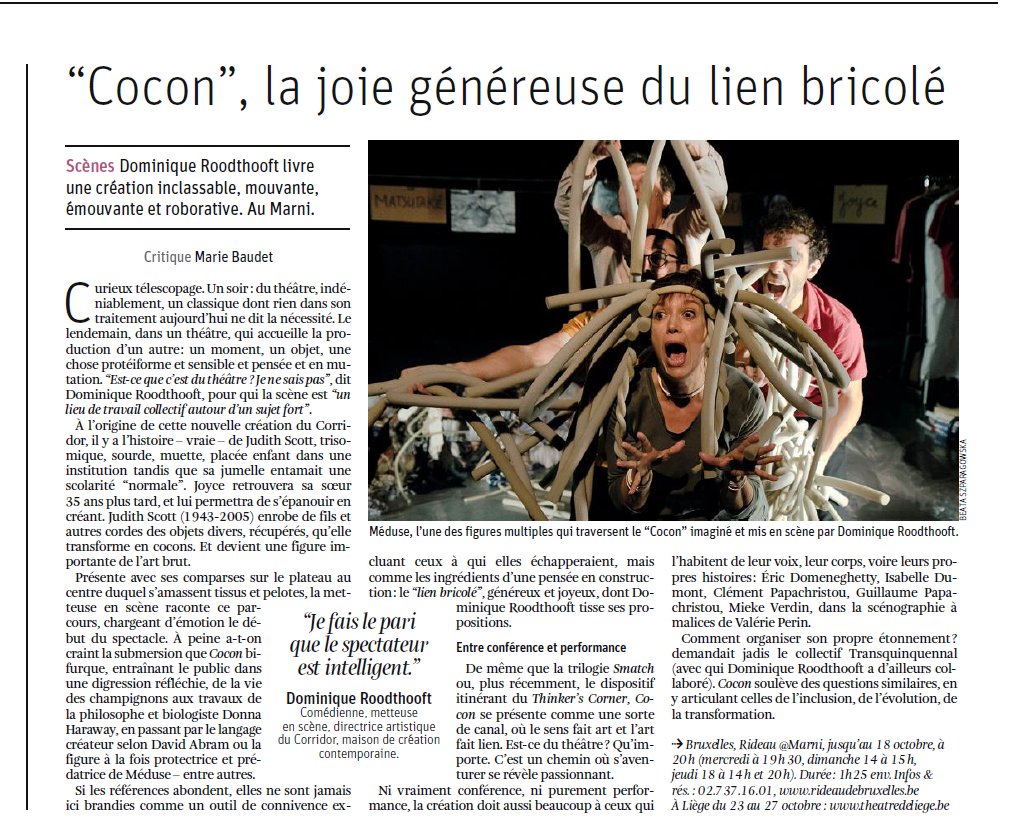 RideauTheatre's tweet photo. "#COCON ! La joie généreuse du lien bricolé. Merci à @mary_donkey pour cette sensible critique parue dans @lalibrebe de ce 8/10 ! @RideauTheatre @TheatreMarni #judithscott #donnaharaway #davidabram #lecorridor #dominiqueroodthooft #commentonrencontrelesgens #artbrut https://t.co/hhQwfN5Baw