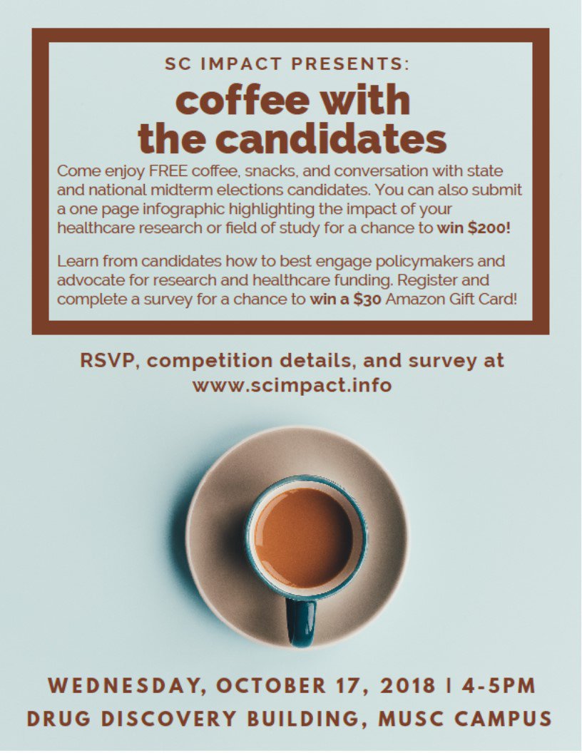YCYH2018's tweet photo. .@ResearchAmerica Want to share your research with your South Carolina state and national candidates? Join @sc_impact for "Coffee with the Candidates" for their Nonpartisan Civic Engagement Initiative on October 17 at 4pm on MUSC campus. #scienceIsLocal #CivicEngagement https://t.co/koqK4Dk3Ol