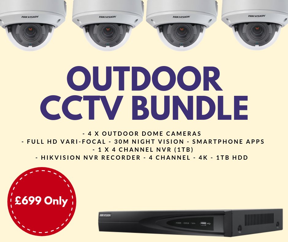 securitysmartuk's tweet image. Deter theft and reduce risk with this comprehensive #CCTV bundle for your property. Within this bundle, you get 4 outdoor dome cameras, HD focal view, night vision, smartphone updates, 4 channels and a #Hikvision recorder! Call us now on 01787 228448 for your bundle.