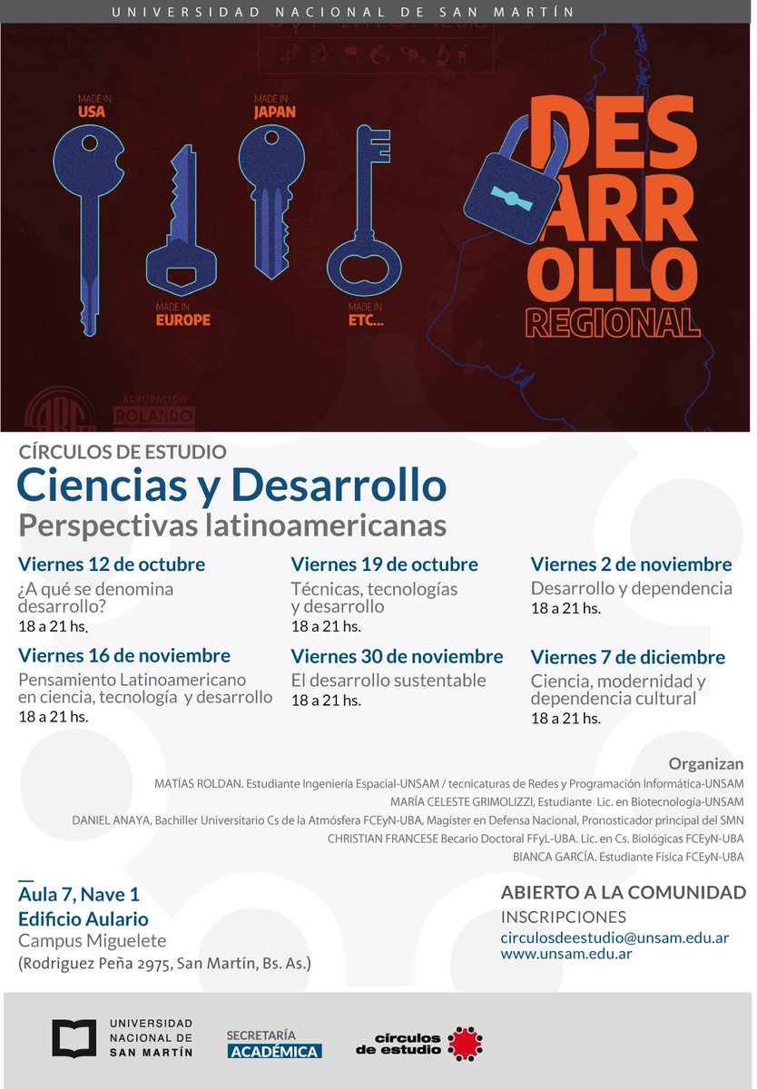 circulosunsam's tweet photo. ATENCIÓN!!Comienza un nuevo y Fascinante Círculo de estudio:CIENCIAS Y DESARROLLO.Perspectivas Latinoamericanas.
Comienza el VIERNES 12 DE OCTUBRE DE 18 A 21HS. en Aulario (Nave 1, Aula 7)Rodriguez Peña 2975,San Martin-Campus Miguelete
Inscripción: circulosdeestudio@unsam.edu.ar https://t.co/y8FMQUYl1L