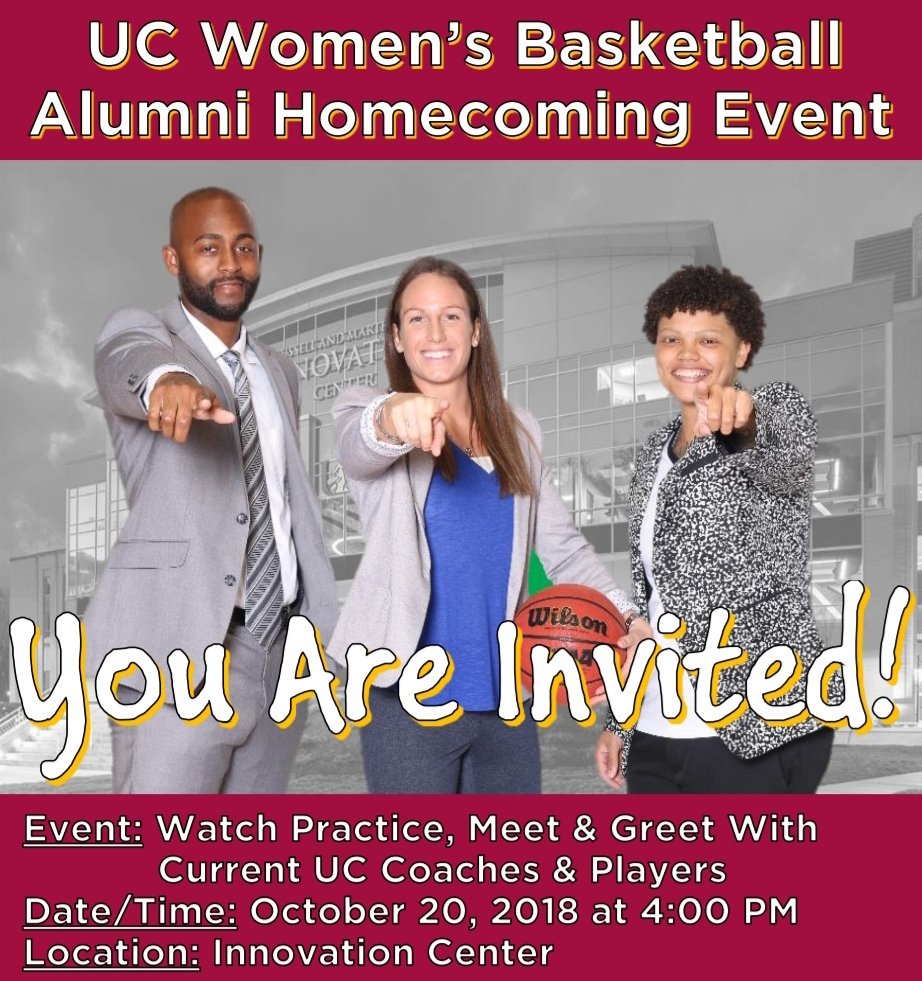 ucwv_wbb's tweet photo. Homecoming 2018 We Want Too See You!!! Calling All UC Women's Basketball Alumni. Come Watch Practice and Meet &amp; Greet with the Current Players and Coaching Staff🏀🏀🏀

#RaiseTheBar https://t.co/mb4NwlxniU