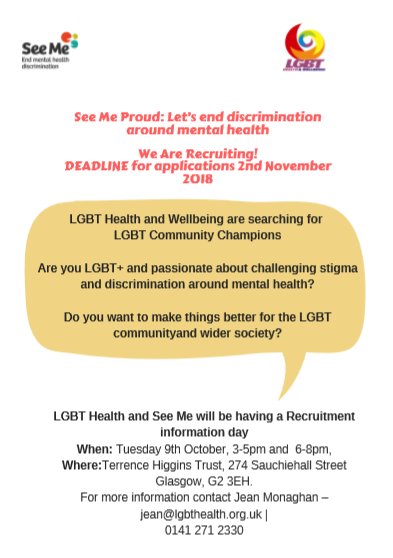 .<a href="/LGBTHealthy/">LGBT Health and Wellbeing</a> and <a href="/seemescotland/">See Me</a> are looking for #LGBT Community Champions! Are you passionate about making a difference? We are looking for LGBT  Community Champions to work to reduce #mentalhealth stigma within their communities. Join us from 6pm tomorrow for more info.