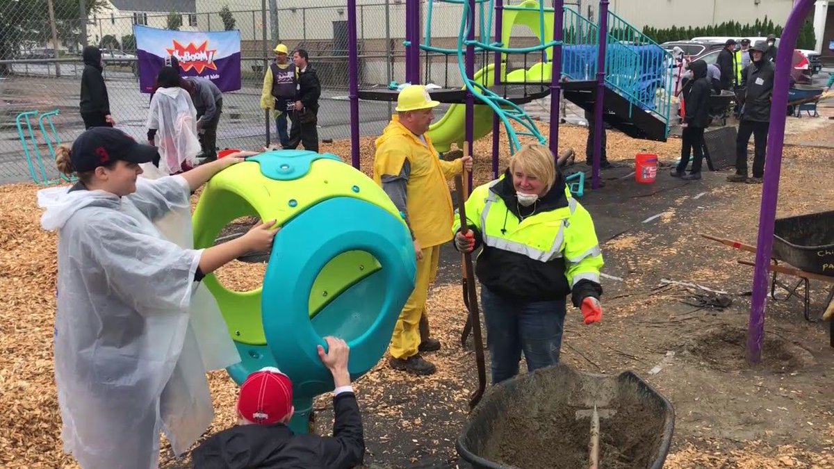 kaboomgrants's tweet photo. VIDEO: Rain won't stop these dedicated volunteers from bringing a new playground to the kids of @BGCChicopee! #MondayMotivation https://t.co/GMiSpn3hHS https://t.co/H6fb37TSAN
