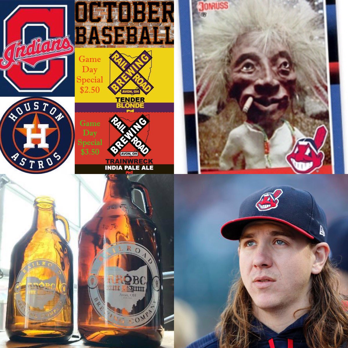 railroadbrewco's tweet photo. Doors open at 1pm today for this must win ALDS match up with the Astros. Tribe game can specials and $10 Railroad Growler fills. #Rallytogether #Tribetime #Clevenger #craftbeer #octoberbaseball #victorymonday #cle https://t.co/td5Nb28fn4