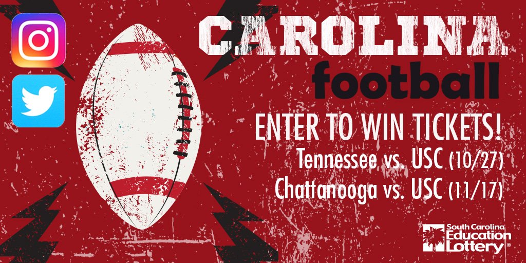 sclottery's tweet image. South Carolina fans, enter to win tickets to the Tennessee or Chattanooga game. RT and FOLLOW @sclottery to enter! SC residents only. Must be 18 or older. Rules: bit.ly/2PyX8t0