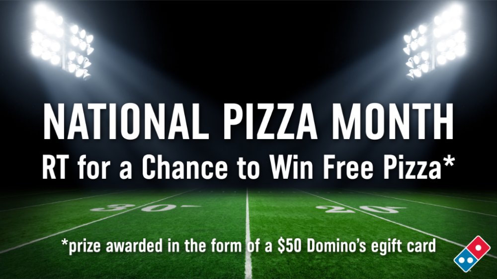 dominos's tweet photo. Kick your tailgate up a notch with FREE PIZZA on us. 🏈  RT for a chance to win a $50 gift card. #WinDominosPizza 🍕 Rules: https://t.co/OIfHG8E760 https://t.co/5tCnZPcDI6