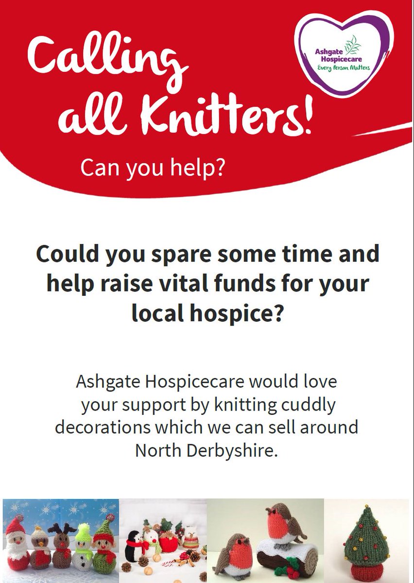 AHc_Community's tweet photo. Are you handy with the knitting needles? Can you help us raise money for @Ashgate_Hospice over the Christmas season? If you can help email fundraising@ashgatehospicecare.org.uk or call 01246 233404 https://t.co/RGlNUvhSLh