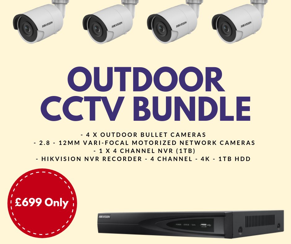 securitysmartuk's tweet image. Deter theft and reduce risk with this comprehensive #CCTV bundle for your property. Within this bundle, you get 4 outdoor bullet cameras, HD focal view, 4 channels and a #Hikvision recorder! Call us now on 01787 228448 for your bundle.