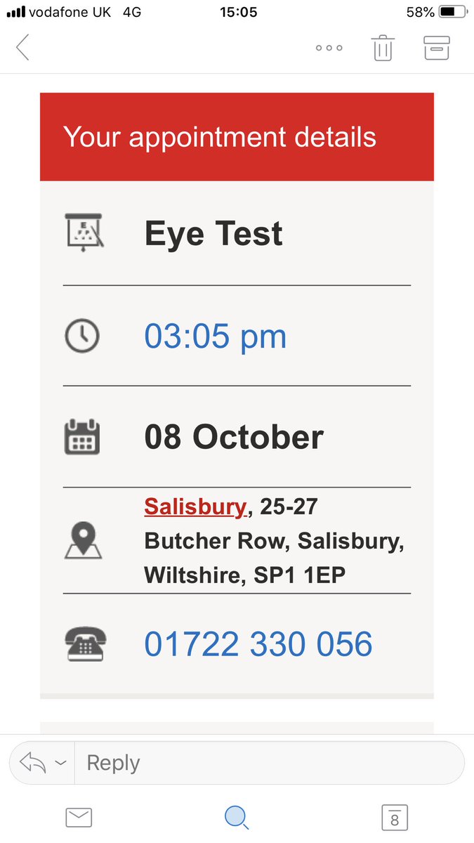 Kayleigh_Savage's tweet photo. @VisionExpress I turn up at Butcher Row in Salisbury as my confirmation says, to be told my appointment is at Southampton Road. Not happy! #wasteofmytime https://t.co/PDuCoUG3rl