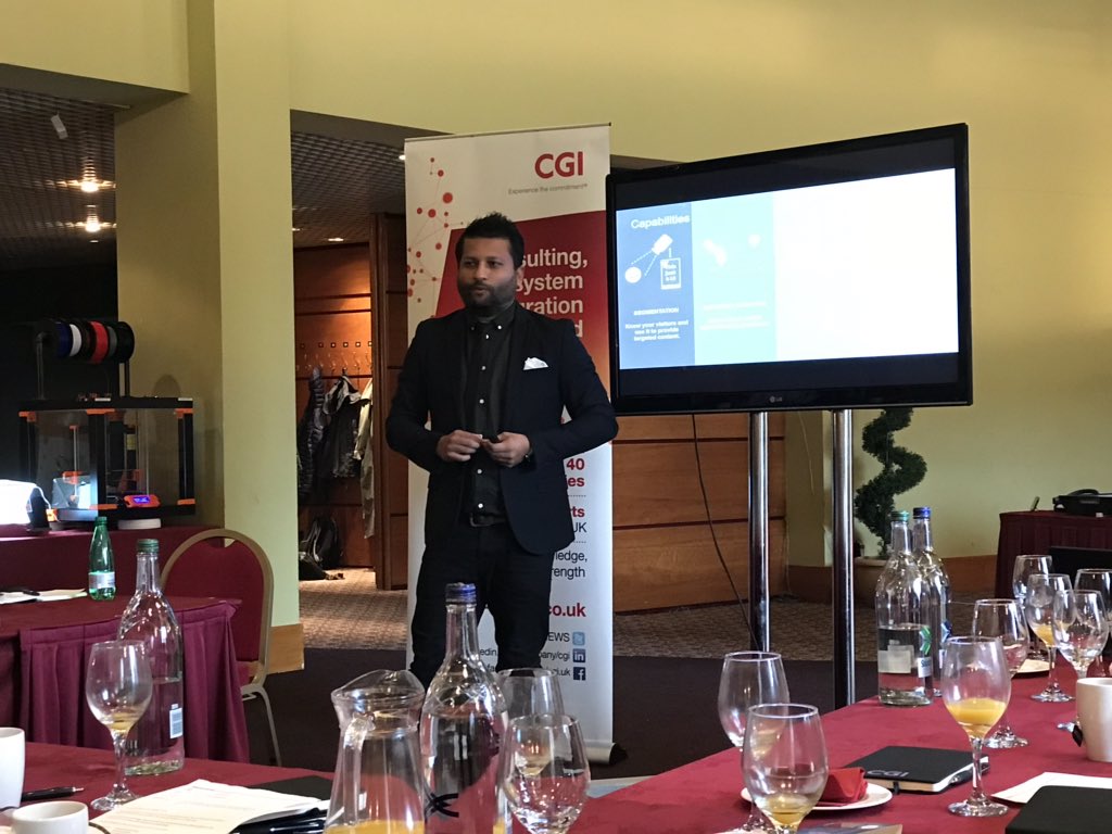 GCCBrendanM's tweet photo. Another great presentation from @CGI_UKNEWS @RizHaque_ educating us about video analytics. Amazing to think you can detect and report on data such as happiness, gender, age etc. You can even determine if workmen are wearing safety gear. Powerful stuff. #drsvipday https://t.co/3GKQBZbpCi