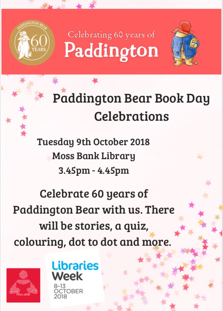 MandiB_'s tweet photo. We are celebrating #60 years of @paddingtonbear at #MossBankLibrary on Tuesday 9th Oct 3.45pm. Come along for fun activities and games - and try Paddington’s favourite snack - marmalade sandwiches 🥪 https://t.co/BM30vrHCSJ