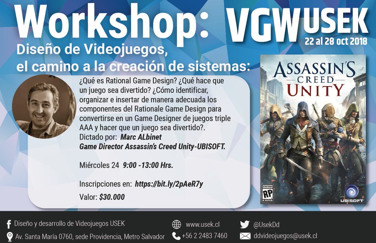 UsekDd's tweet photo. Workshop: Diseño de Videojuegos, el camino a la creación de sistemas
#VGWUSEK2018 VGW USEK-2018 semana de la carrera Universidad SEK Chile
-preventa $20.000 + cargo (hasta el 14 de octubre); 
-venta $30.000 + cargo 
Compra de tickets en https://t.co/WtGiykqqMA https://t.co/WV5hcL9dyO