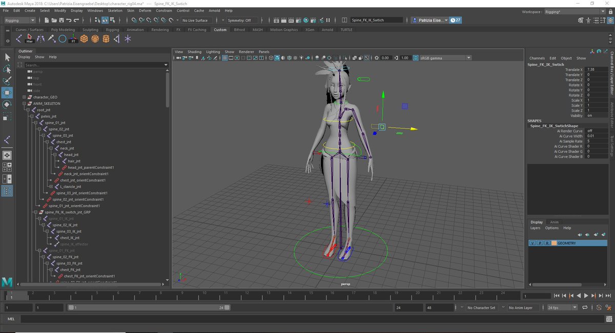 pattyirondigger's tweet image. Working on my first Portfolio piece. I'm trying to add everything I've learned so far. Until now I've included FK/IK switches for both legs and arms, spaces for the head and extra joints for a Footroll later. #rigging #maya #techanimation #gamedev (Model by sheerochana)