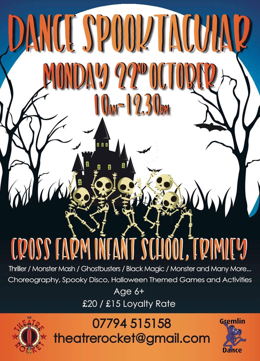 TheatreRocket's tweet photo. Join our Dance Spooktacular this Half Term @CrossFarmSchool 
Monday 22nd October, 10am-12.30pm. Halloween Choreography, Spooky Disco, Games and Activities for children in Year 1 and over! Email theatrerocket@gmail.com to reserve your place! #frimley #halfterm #halloween #dance https://t.co/V2hV6ZLvs7