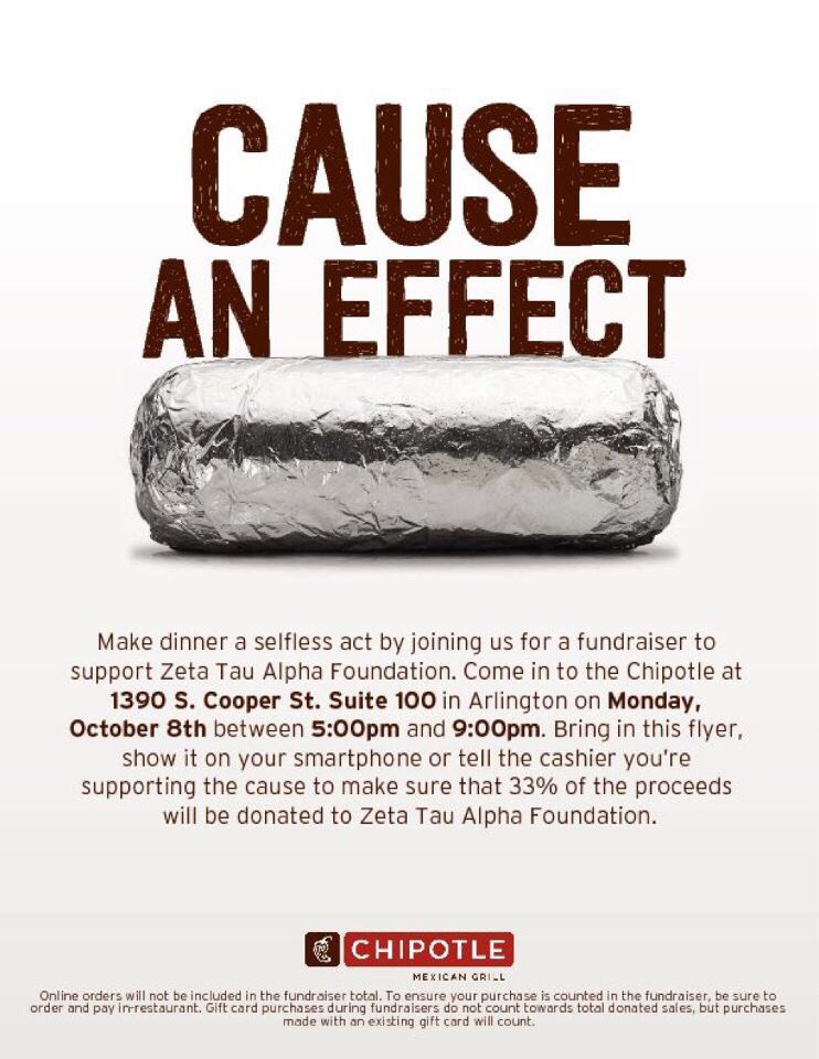Wanna help out in the fight against breast cancer AND enjoy great food? 🌯 Stop by the Chipotle on Cooper between 5-9 pm and show this picture!! 33% of the proceeds will go directly to the ZTA Foundation!! 🎉💕 #CauseAnEffect #BurritoMonday #ZTA