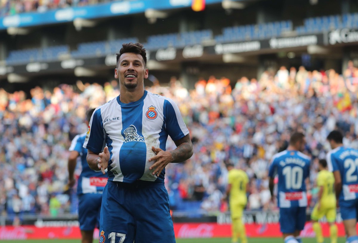 Hernán Pérez celebra un gol del Espanyol.