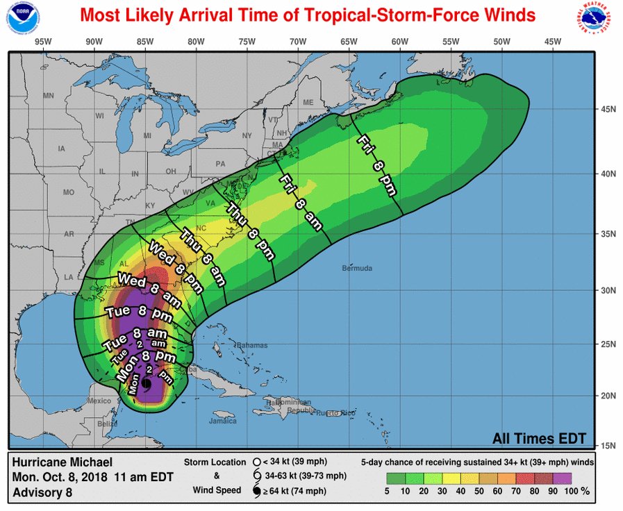 NHC_Atlantic's tweet photo. #Michael could produce three life-threatening hazards along portions of the northeastern Gulf Coast: storm surge, heavy rainfall, and hurricane-force winds, with storm surge and hurricane watches in effect. Residents in these areas should follow advice given by local officials. https://t.co/JZENNHSQTK