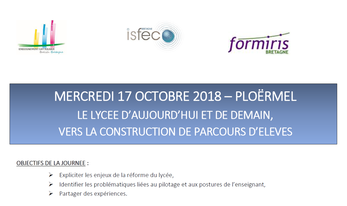 formirisbzh's tweet photo. Une journée pour cerner collectivement les enjeux de la #réformedulycée le 17 octobre 2018 à Ploërmel.
Venez assister à des temps de conférences, de témoignages et d’échanges entre pairs. Inscriptions sur FormElie. Code PN045859 jusqu’au : 11 octobre 2018
https://t.co/O6SQrtFqZG https://t.co/7Dl4NeRoHg
