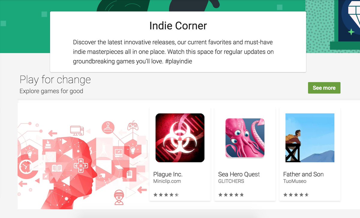 G4C's tweet photo. We are excited to partner with @GooglePlay to bring you a new collection on the Google Play Store! Now, you can find social impact games using the Games for Good collection located in the Indie Corner to discover new ways to play. @Google #playindie 

https://t.co/AomKrcmYAw https://t.co/kCWZ2VRE5i