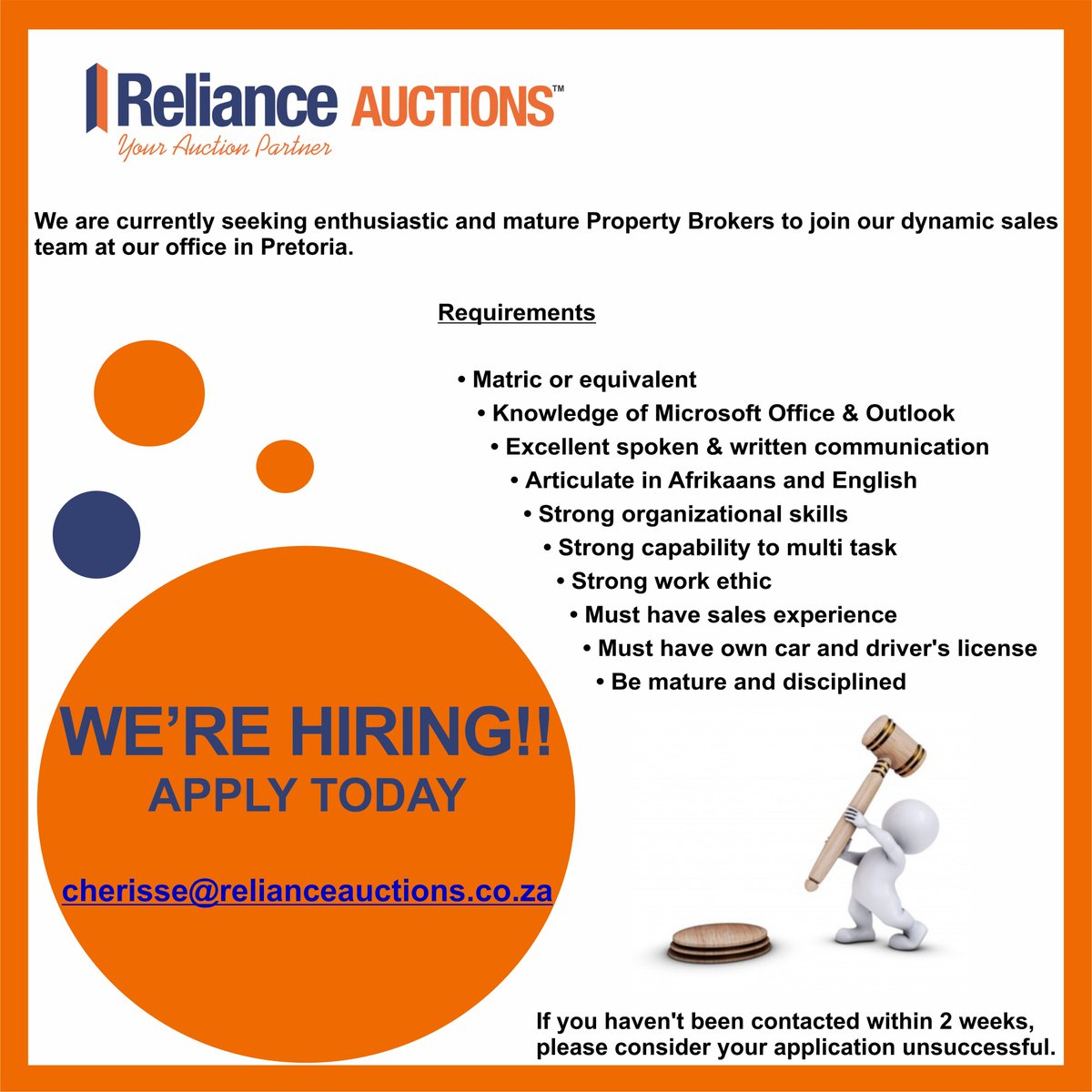 RelianceAuction's tweet photo. WE'RE HIRING!!
Are you enthusiastic and have a passion for property??
Then we are looking for YOU!!
Apply today at cherisse@relianceauctions.co.za

#job #jobsearch #jobs #property #auctions #auctionhouse #relianceauctions #JobSeekersSA #jobseekers https://t.co/61HVJAMcV5