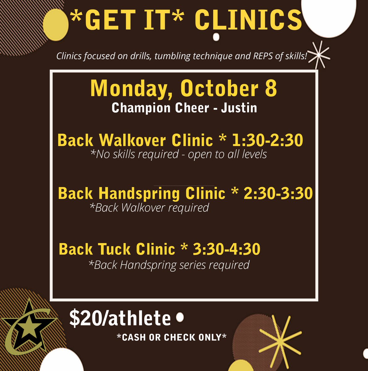 AshleyFritsch's tweet photo. Skills clinics TODAY @CCA_Justin @ChampionCheerAS #Tumbling #ChampionCheer #ColumbusDay #NoSchool #SkillsClinics #RingTheBell https://t.co/PBQMzqwMds