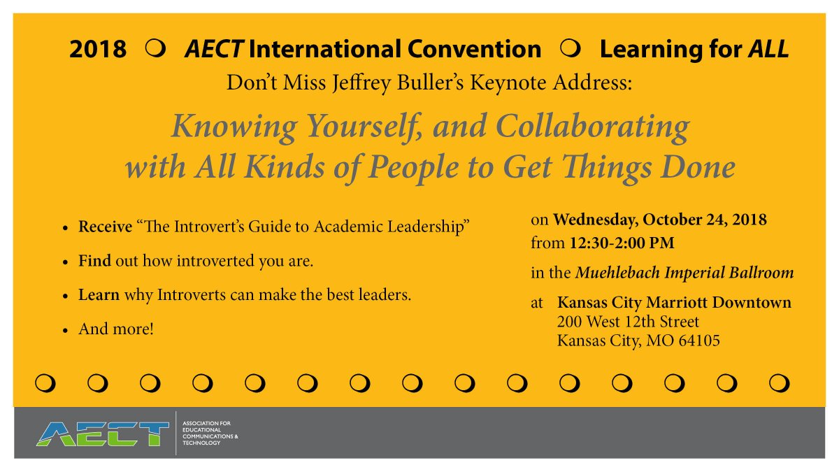 AECT's tweet photo. Don't forget to join us for @WHCDean's keynote address at #AECT18 on "knowing yourself and collaborating with all kinds of people to get things done"! This session is Wednesday, 10/24 at 12:30 in the Muehlebach Imperial Ballroom. #KCorBust #LearningForAll https://t.co/MIa4PXCPhJ
