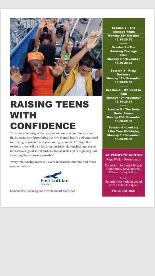 PrestonpansAreaSftS (@prestonpanssfts) on Twitter photo Raising Teens with Confidence - running at Pennypit Centre in Prestonpans - see details on below poster - email Daniel Baigrie, dbaigrie@eastlothian.gov.uk to book. Raising Teens with Confidence - running at Pennypit Centre in Prestonpans - see details on below poster - email Daniel Baigrie, dbaigrie@eastlothian.gov.uk to book.