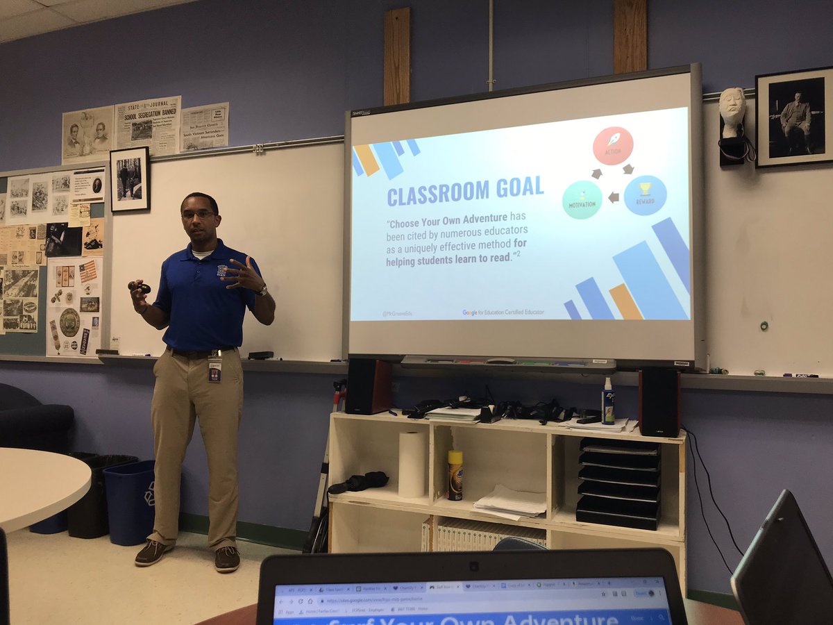 MrsRiddileReads's tweet photo. The “Surf Your Own Adventure” session from @MrGreeneEdu had it all: 8-bit graphics, Jurassic Park references, and a solid game creation tutorial. Right up this geek-educator’s alley! 🤓🦖👾 #ChantillyPyramidDay #FCPSON #Region5Proud https://t.co/Vjqx3X4fUe