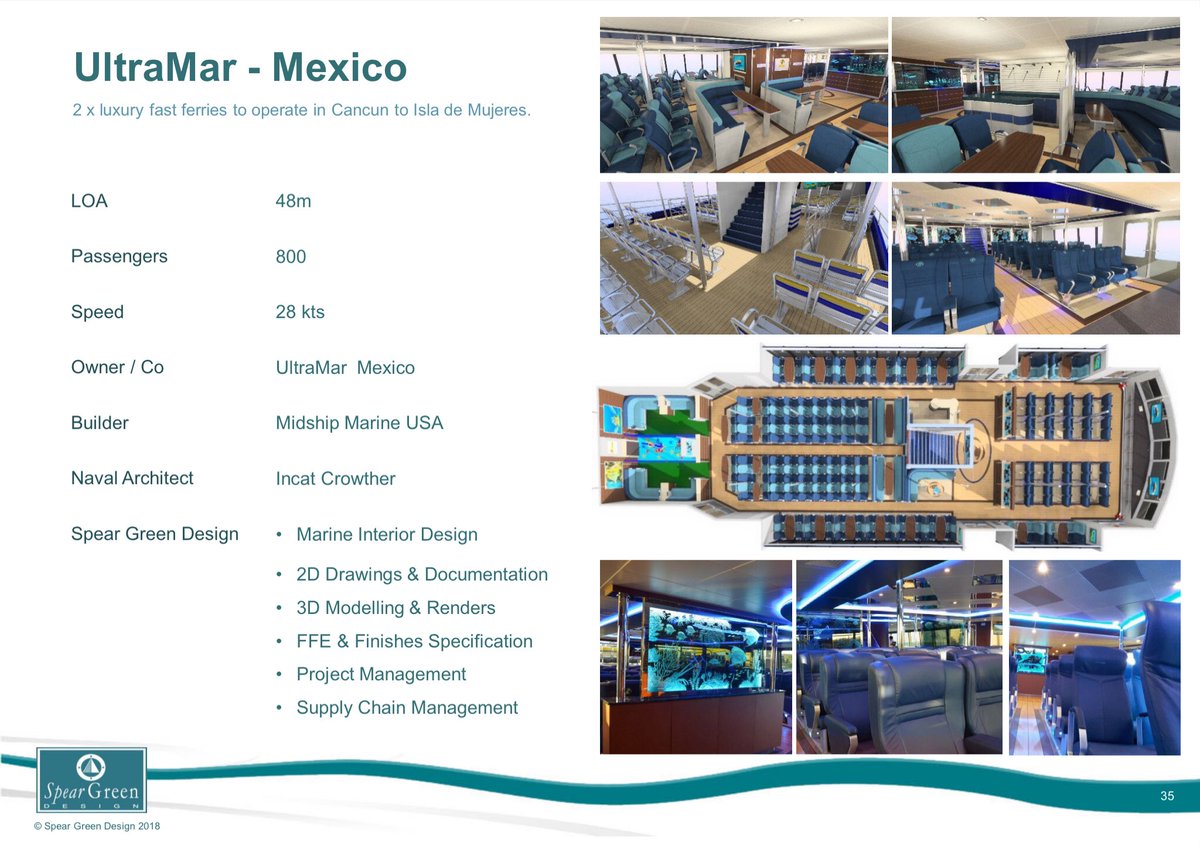 marinetics's tweet photo. Very proud to see our work featured on screen at #Interferry in Cancun. #SpearGreenDesign worked with Ultramar and designed and specified the marine interiors for the new 48m #Ultramar vessels https://t.co/AVjhOpIWkO