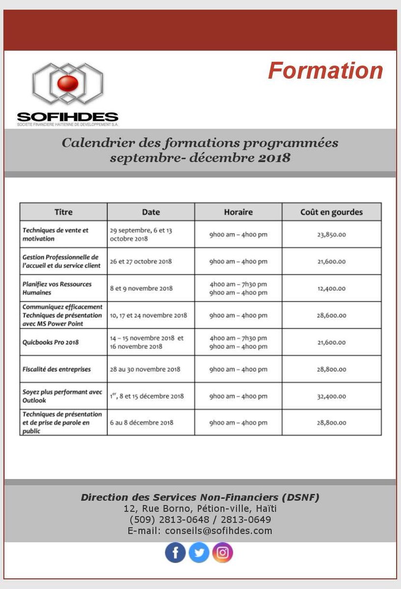 sofihdesht's tweet photo. Calendrier des formations programmées: Septembre - Décembre 2018! #sofihdes #sofihdeshaiti #formations #calendrier #septembre #decembre https://t.co/t8KVURPVrD