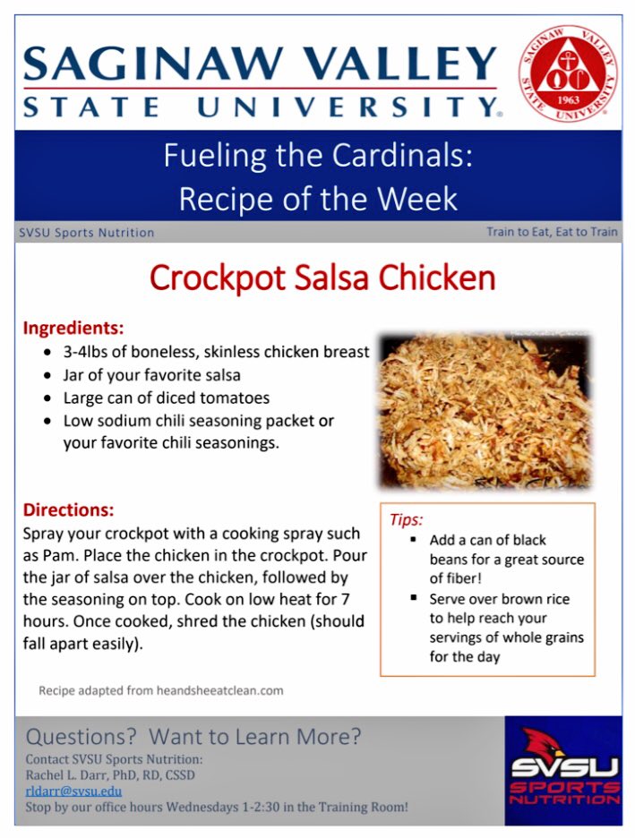 SVSU_Nutrition's tweet photo. Check out this delicious recipe for Crockpot Salsa Chicken! 😋💪🏼#RecipeOfTheWeek #FuelingTheCards https://t.co/SNqO1AI0Zm