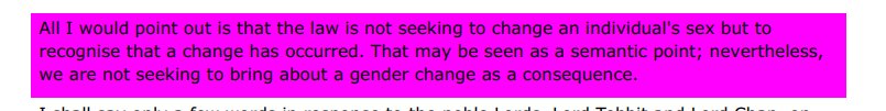 So much contradiction from Filkin, speaking for the govt."All I would point out is that the law is not seeking to change an individual's sex" What happened to acquired gender becomes sex etc?"we are not seeking to bring about a gender change as a consequence."WHAT?