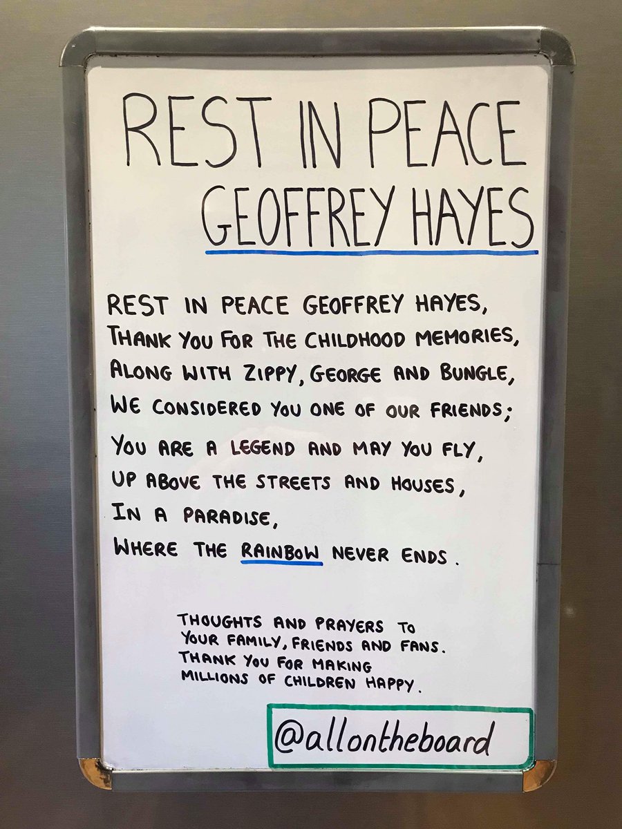 allontheboard's tweet photo. RIP Geoffrey Hayes. You were childhood for so many of us who wandered after rainbows. Thoughts and prayers to your family &amp; friends. Love @allontheboard #RIPGeoffreyHayes #GeoffreyHayes  #Legend #Rainbow #GeoffreyRainbow #Bungle #Zippy #George #sunshine #mooney #RodJaneAndFreddy https://t.co/QHA1Nh2ka5