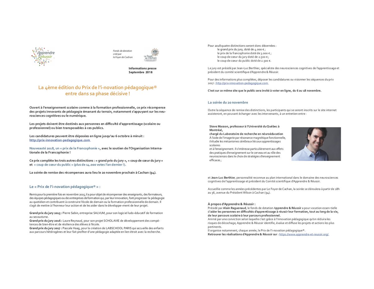 Vous êtes enseignant et vous avez réalisé un projet innovant de pédagogie s’appuyant sur les neurosciences ou le numérique? Posez votre candidature pour un prix. Date limite le 6 octobre. Pour en savoir plus : prix-innovation-pedagogique.com