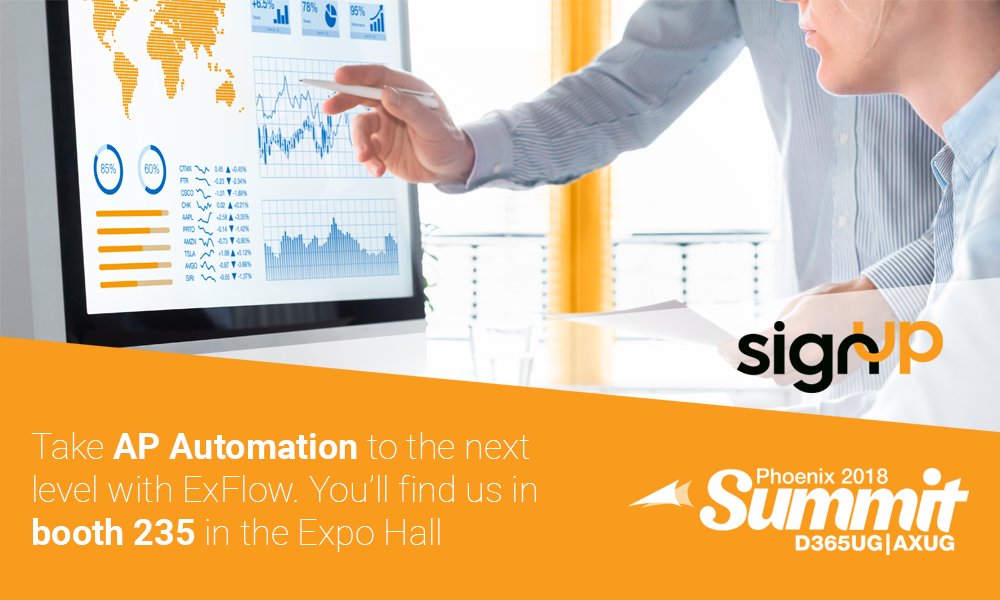 Take #APautomation to the next level. You'll find ExFlow in booth 235 at #AXUGSummit in Phoenix. #UserGroupSummit #Dynamics365