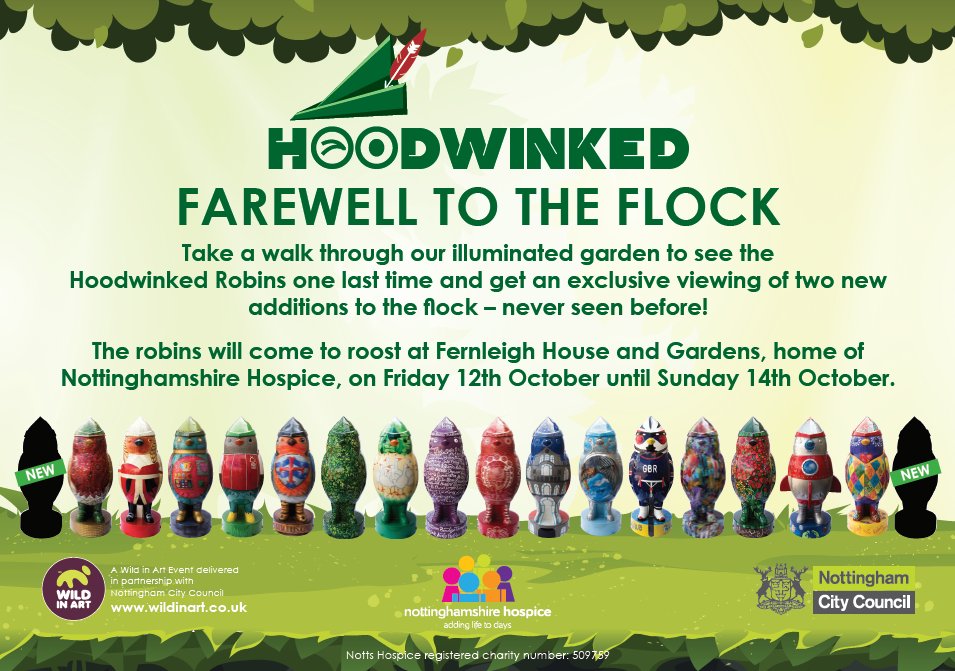 notts_on's tweet photo. Hoodwinked - Farewell to the Flock. Missed any out? See all 33 Hoodwinked Robins beautifully illuminated in one place before they fly away to their forever homes. https://t.co/mGjTFlkJeM #nottson #nottingham #daysoutwiththekids @nottshospice #nottsart https://t.co/Fve2g4frvE