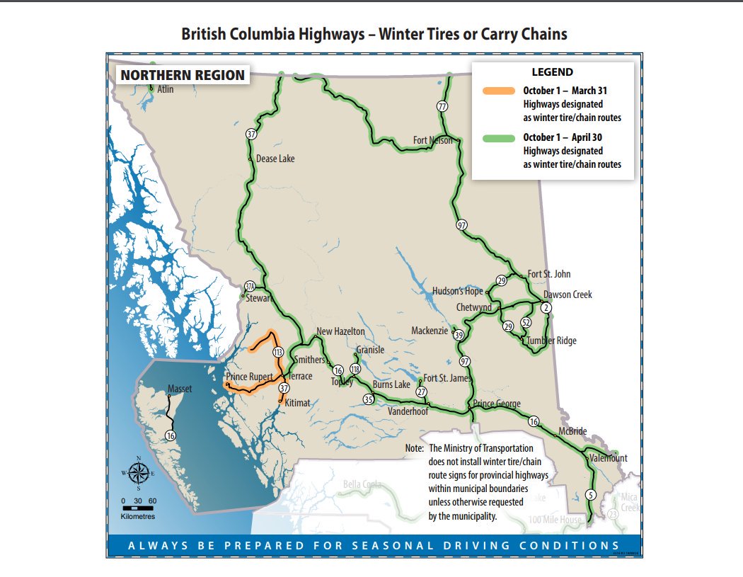 DriveBC's tweet photo. ⚠️ Starting TODAY, certain routes in the province are designated as requiring winter tires or chains. Be prepared or get turned around and/or fined. Imagery below of the routes. More info: https://t.co/xMa0Uzs8Bv #WinterIsComing #DriveSafe #BCweather #ShiftIntoWinter ⚠️ https://t.co/v7EywIs3OP