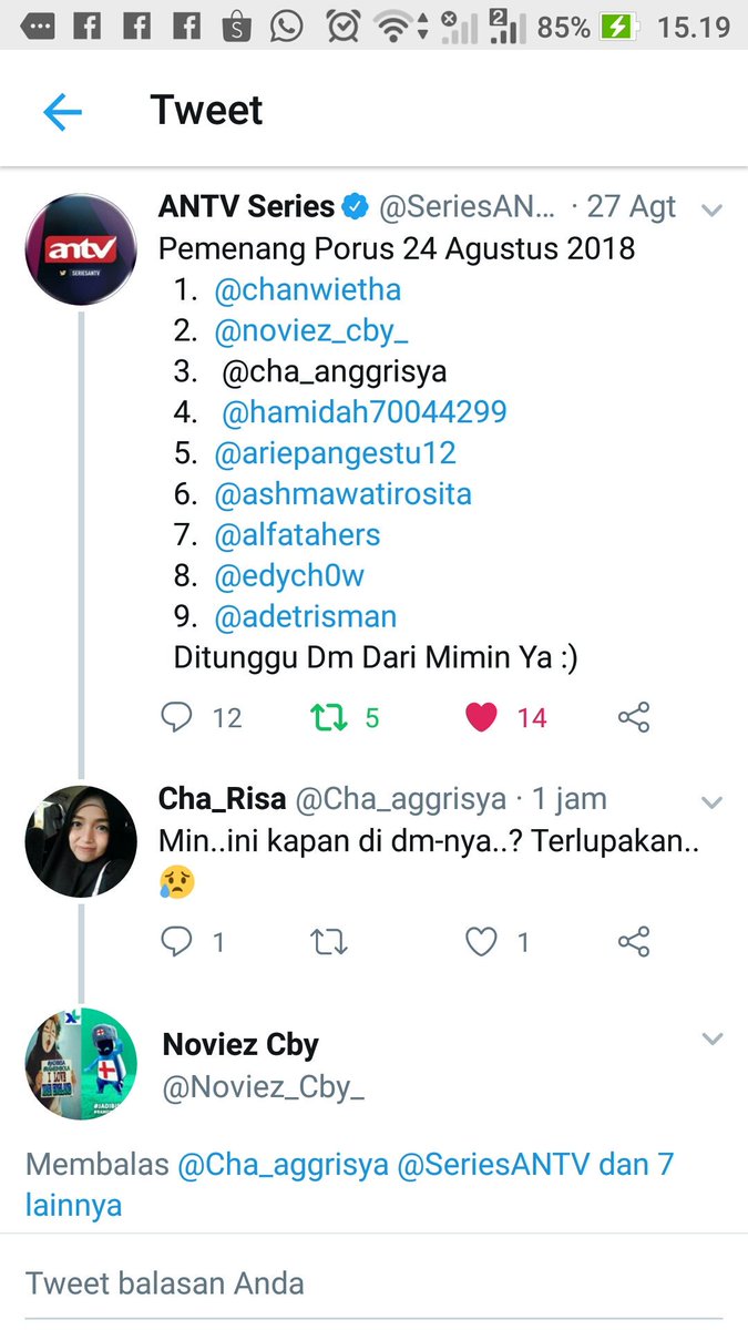 Cha_aggrisya's tweet photo. @whatsonANTV Min tolong cek-in.. udah komplen @SeriesANTV ga direspon, saya salah satu pemenang porus 24 agt, tp gara2 salah ketik akun saya jd gak kemention, yg lain udh setor data melalui grup dm pemenang..cuma saya aja yg ga masuk grup, mohon cek ulang https://t.co/OtK6navF14