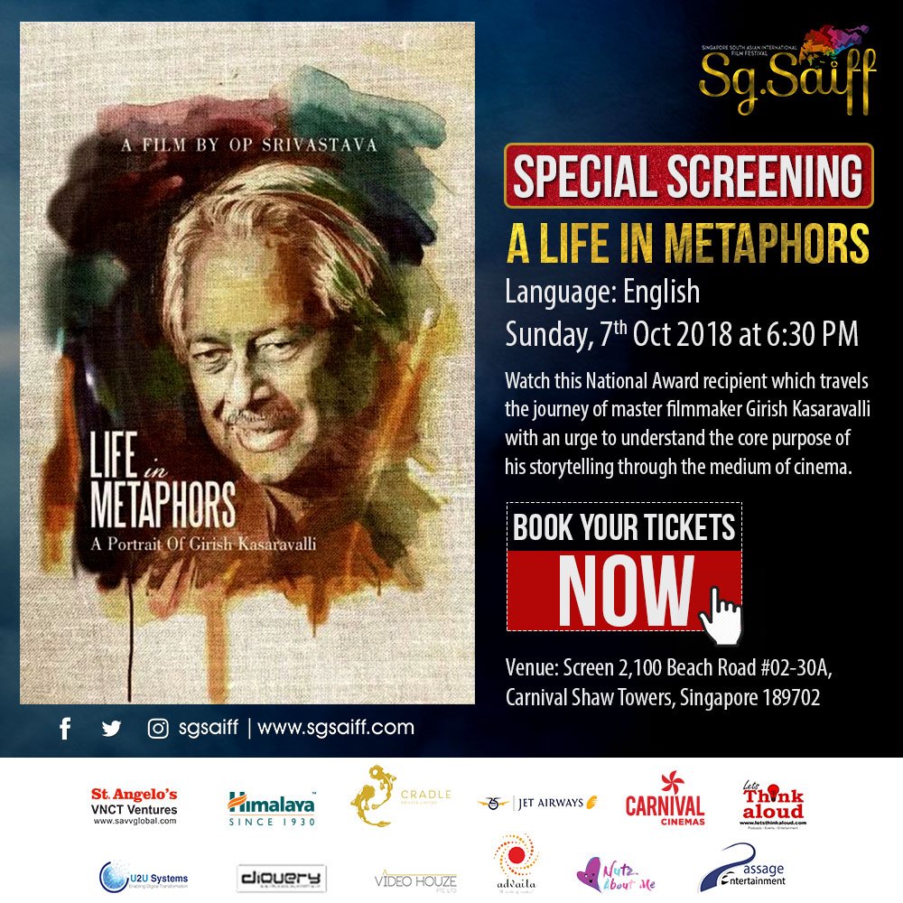sgsaiff's tweet photo. Watch this epic masterpiece with Maestro Dr. Kasaravalli itself only at Singapore South Asian International Film Festival 2018.
Secure your seat NOW!
For Ticket booking, visit https://t.co/emRqFMKkht
#sgsaiff #sgsaiff2017 #sgsaiff2018 #Singapore #Filmfestival #Lifeinmetaphors https://t.co/WE4KrAOtaB