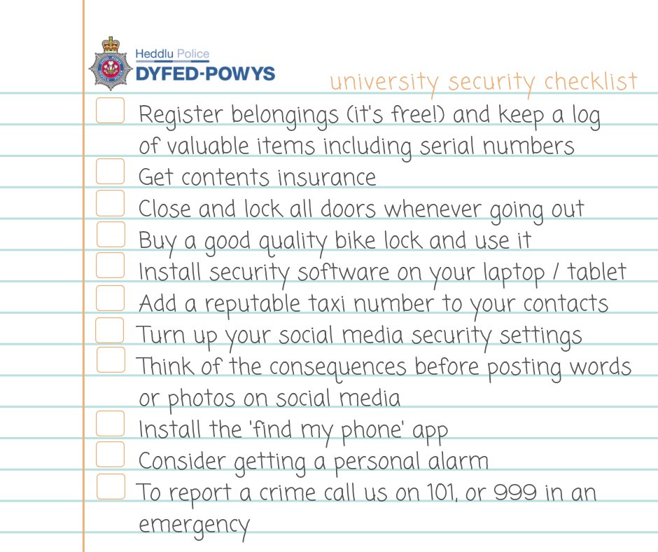 DyfedPowys's tweet photo. Don’t let thieves stop you living your best life at Uni. Make sure you look after your stuff. Keep a log book of valuables including serial numbers. Use our checklist to protect your stuff. ✅
#FreshersDPP @AberUni @UWTSD https://t.co/XU53NtQjls https://t.co/1pFUU0sQUs